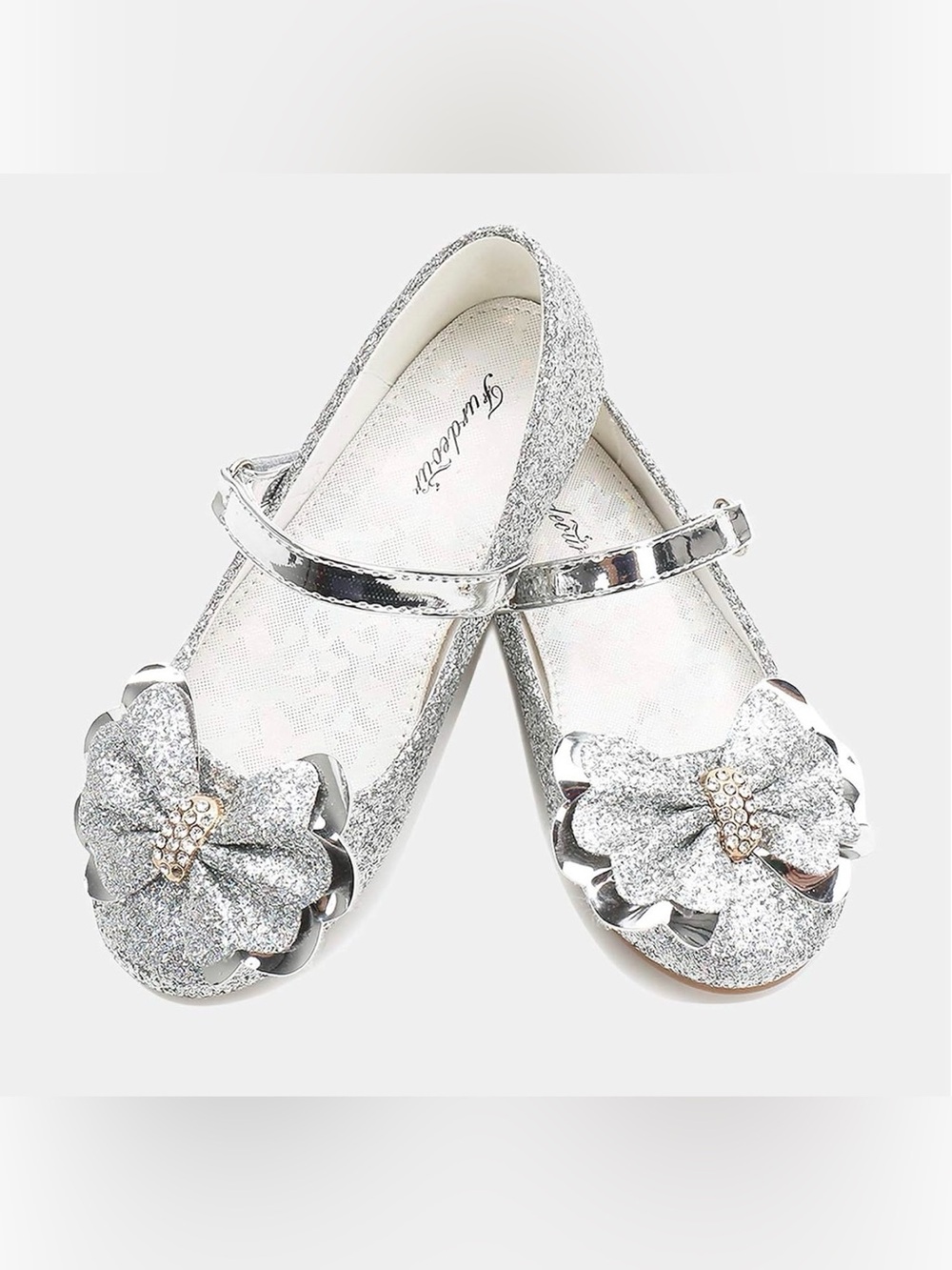 Girls Silver Glitter Mary Jane Flats with Bow 0014
